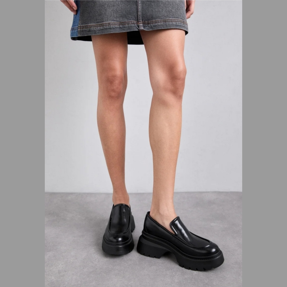 Michael Kors Black Leather Platform Loafers Shiloh Extreme Lug Chunky Shoe - Picture 2 of 8